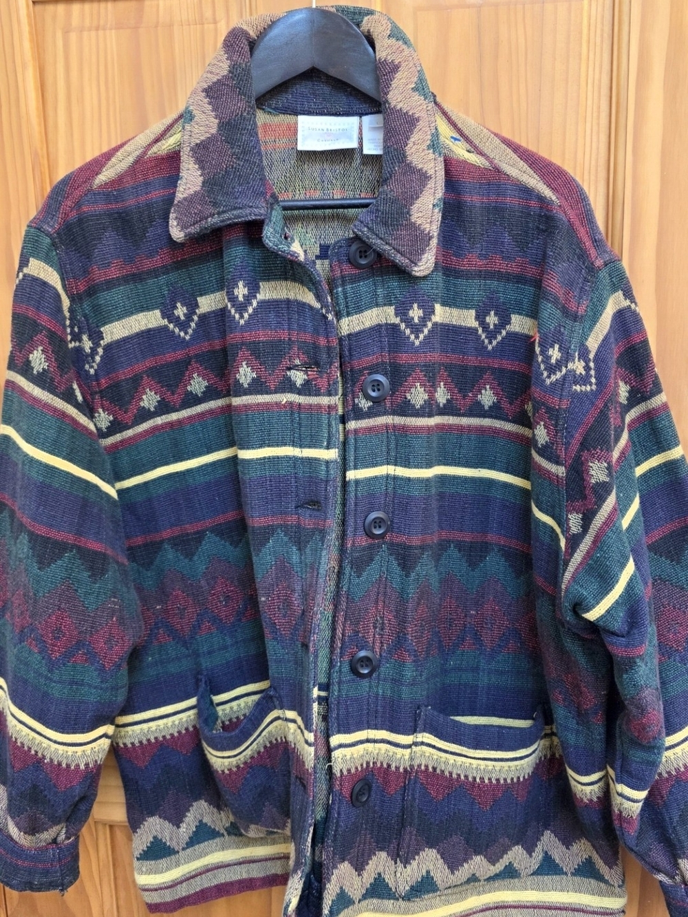 Susan Bristol Multicolor Patterned Shirt Jacket in Green, Navy & Burgundy